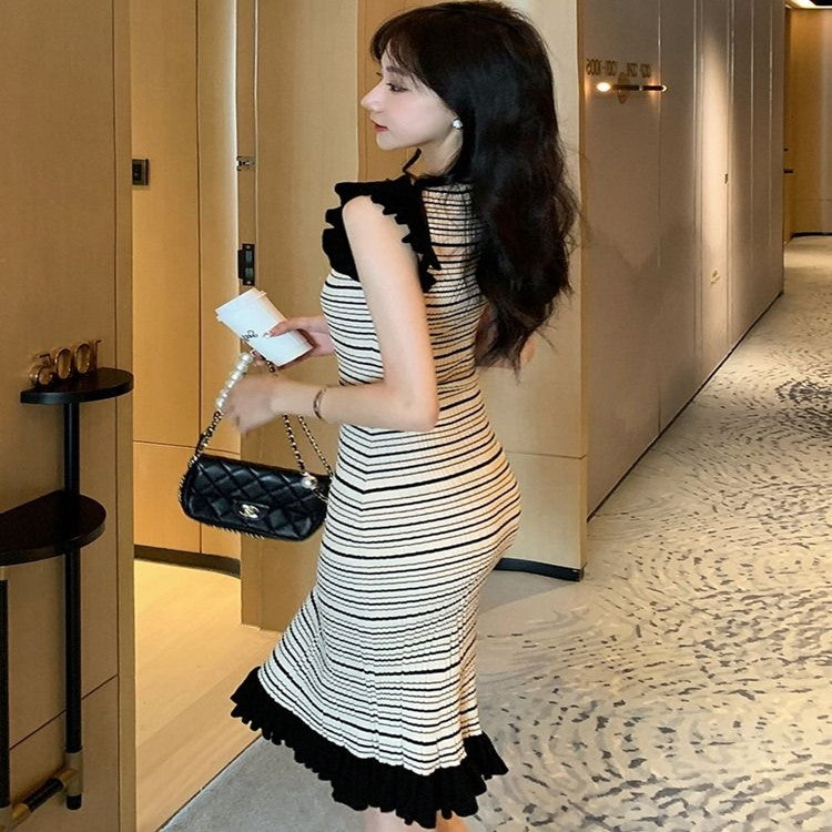 【Dress】絶対欲しい~フェミニン配色Aライン春夏フレアロング丈ニットワンピース Z-5301