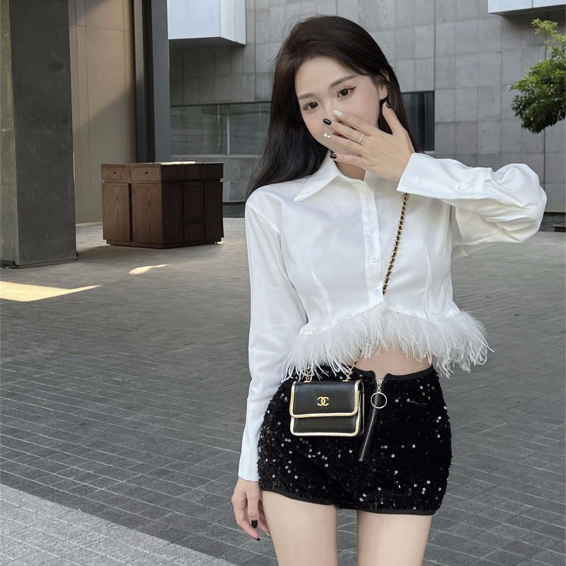 【Tops】ファーデザインシャツ W13476