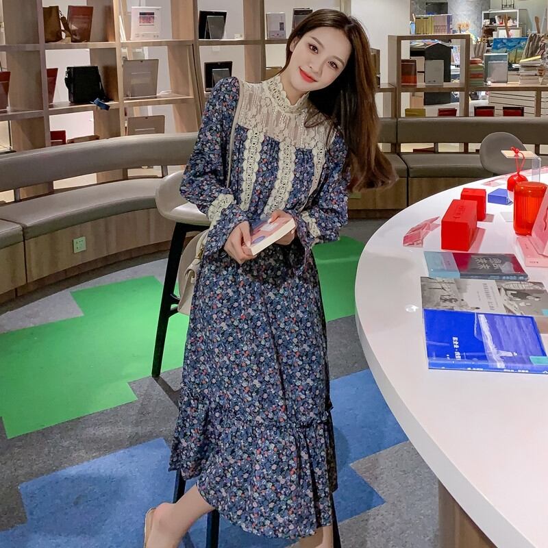 【dress】美人度アップ韓国系レトロスウィート森ガール気質レース切り替え花柄ワンピース