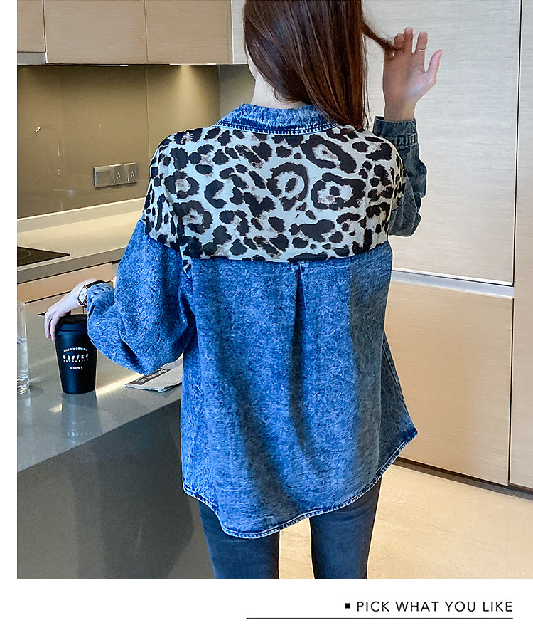 【Tops】ヒョウ柄デニムシャツ W14044