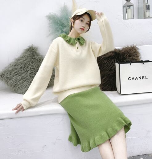 【set】韓国ガーリッシュペプラムスカーセーター2点セット