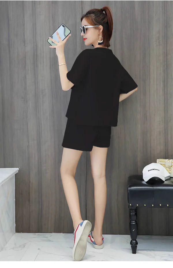 【Set】5色英字柄Tシャツ+ショートパンツ2点セット W12695