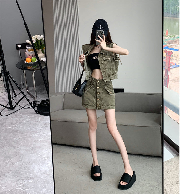 【Set】ベスト×スカートデニムセット W11938