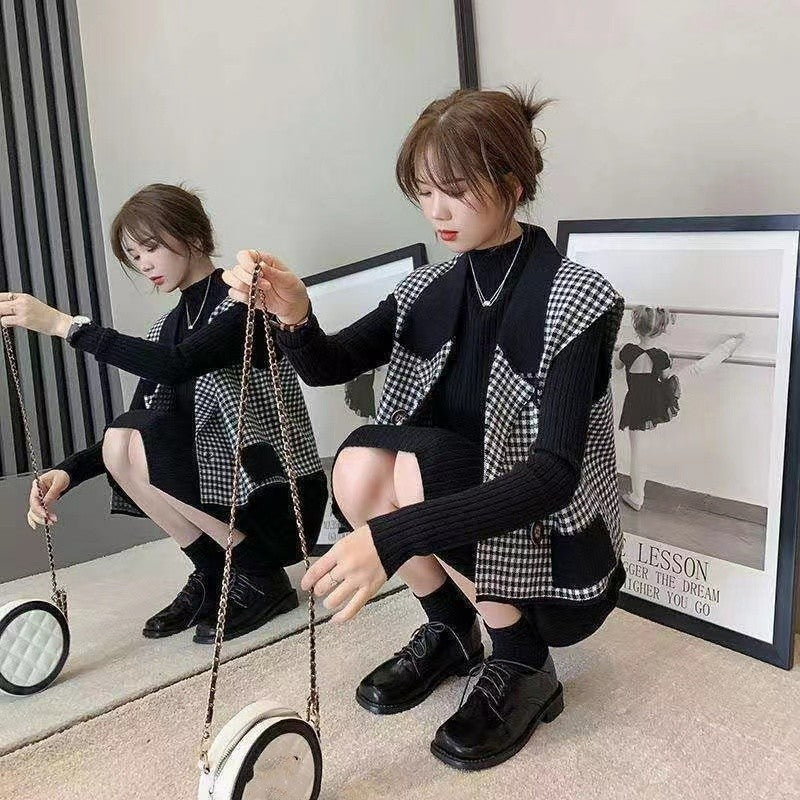 【Set】美人度アップ~フェミニン気質2点セット チェック柄ベスト +長袖ニットワンピース W-3057