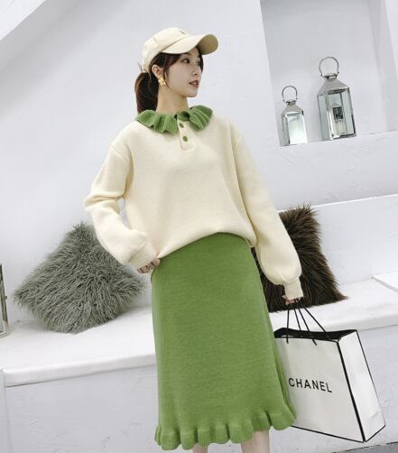 【set】韓国ガーリッシュペプラムスカーセーター2点セット