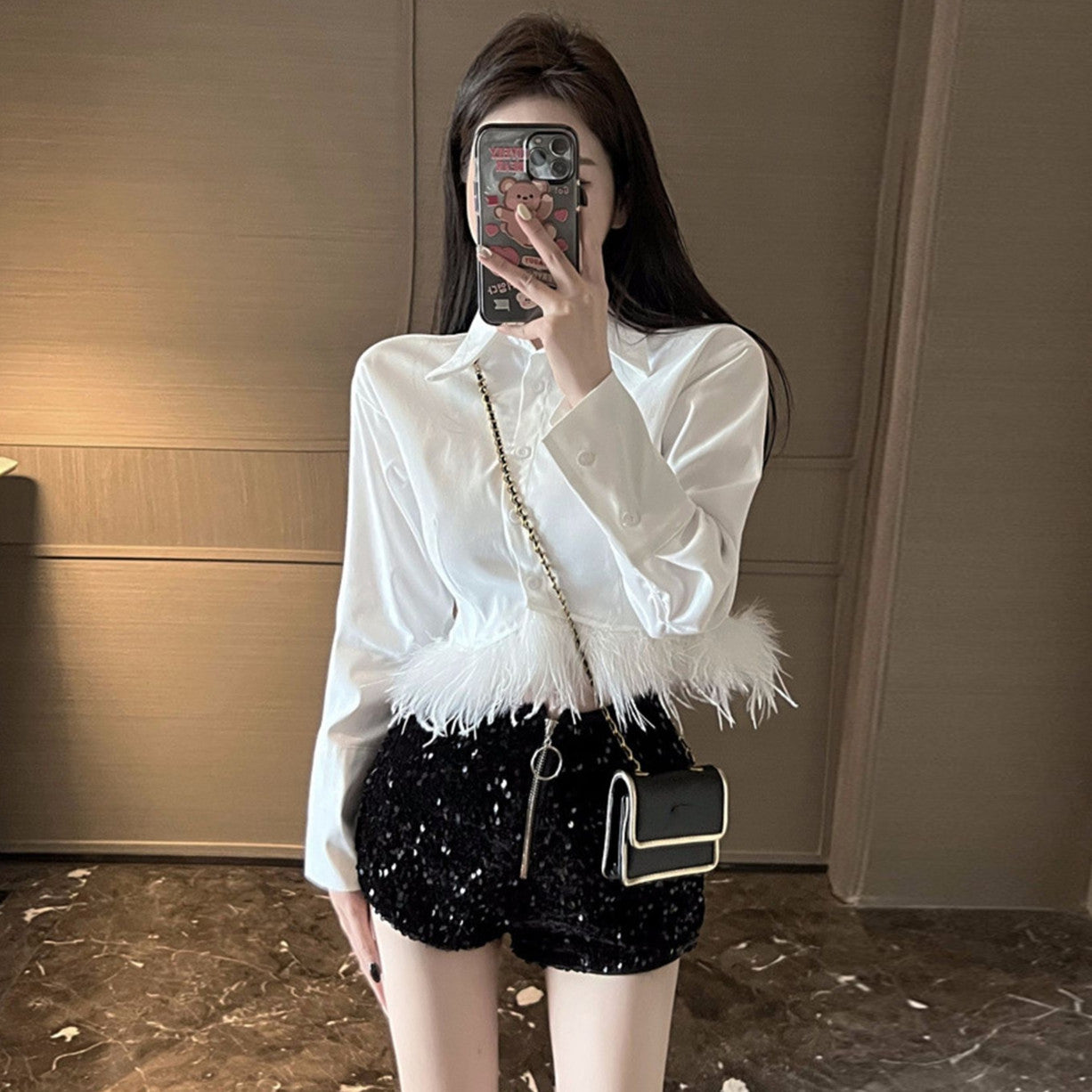 【Tops】ファーデザインシャツ W13476