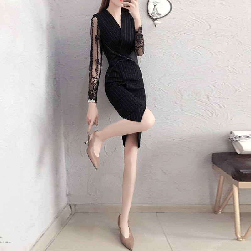 【Dress】大きいサイズレース切替スーツワンピース Z8169