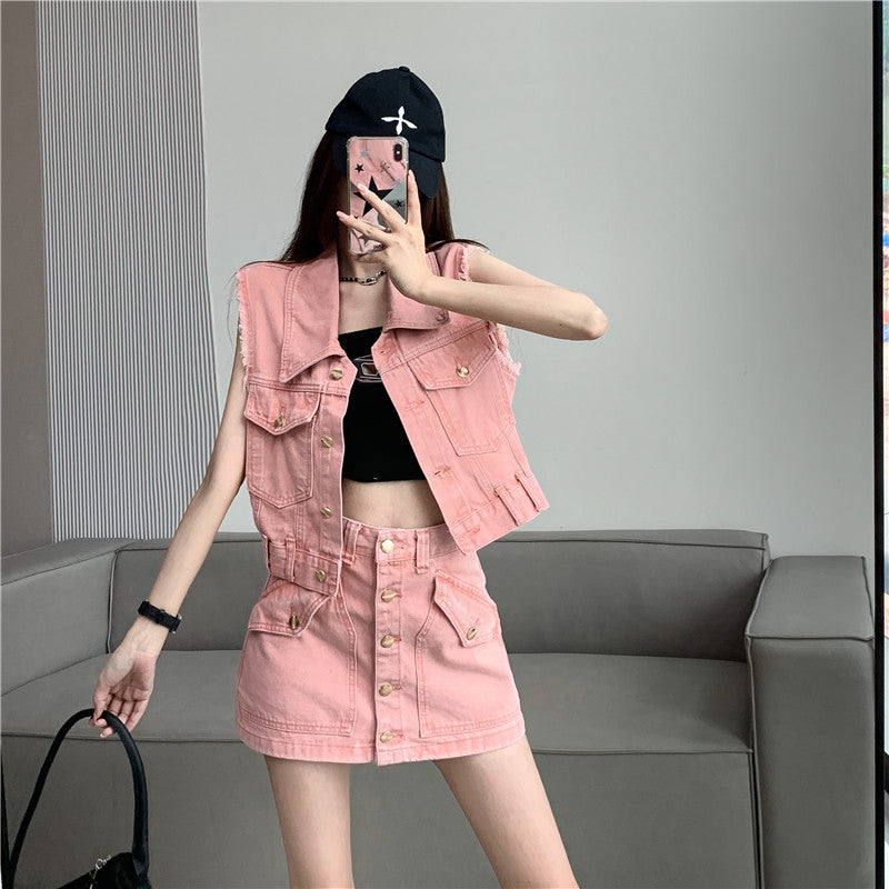 【Set】ベスト×スカートデニムセット W11938