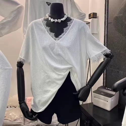 【Tops】レース切り替えTシャツ W12552