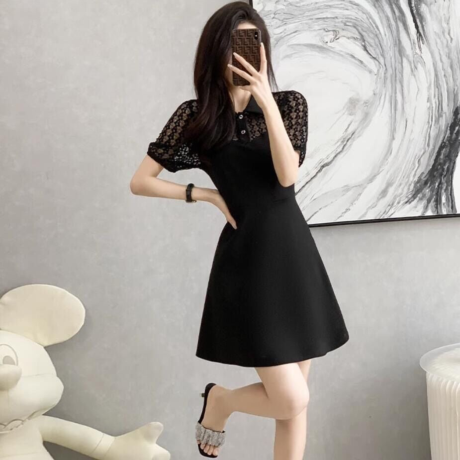 【Dress】2色選択可~人気レース切り替え半袖シャツワンピース W7010