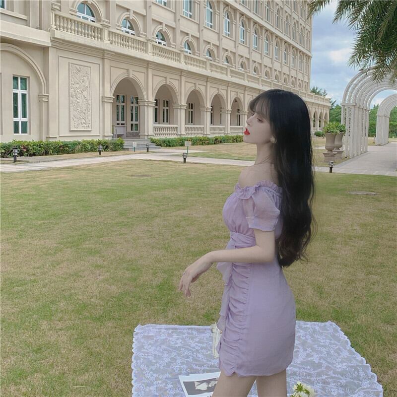 【dress】美人度アップ!韓国系セクシーフリルパフスリーブボートネックAライン