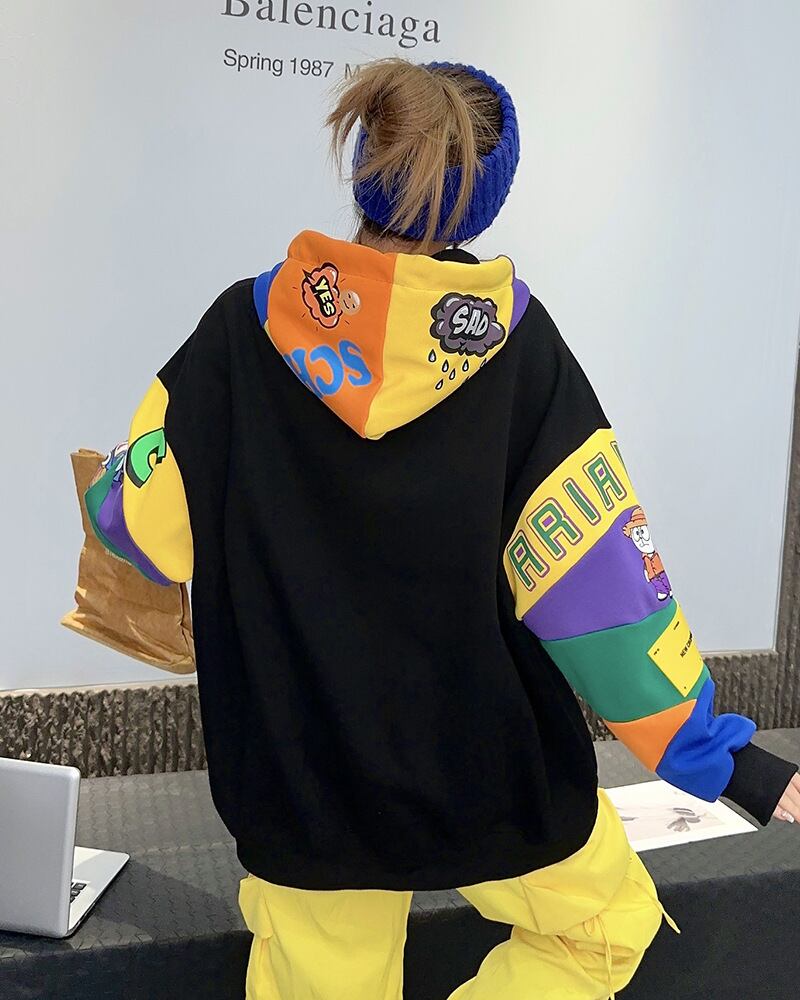 【tops】配色プリントフーディー T0144