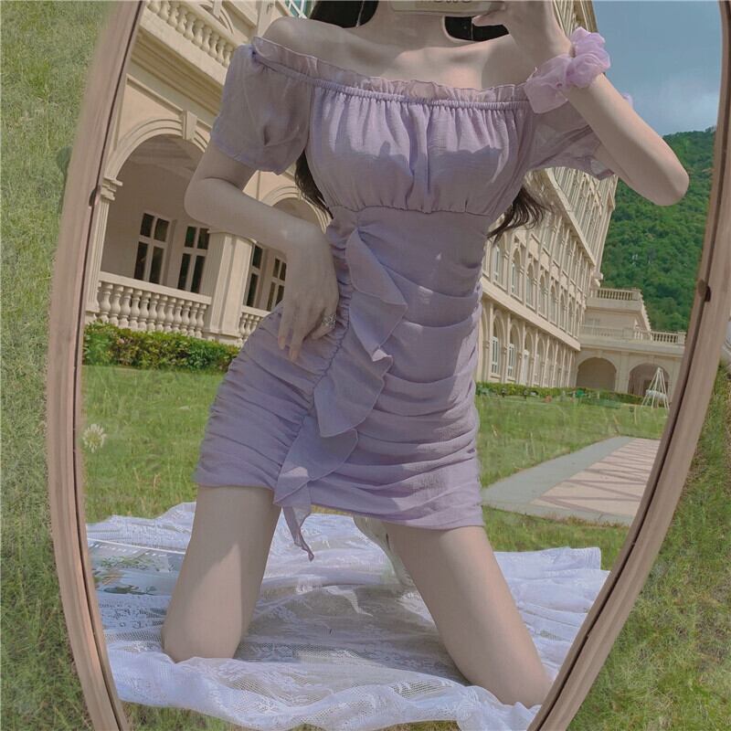 【dress】美人度アップ!韓国系セクシーフリルパフスリーブボートネックAライン