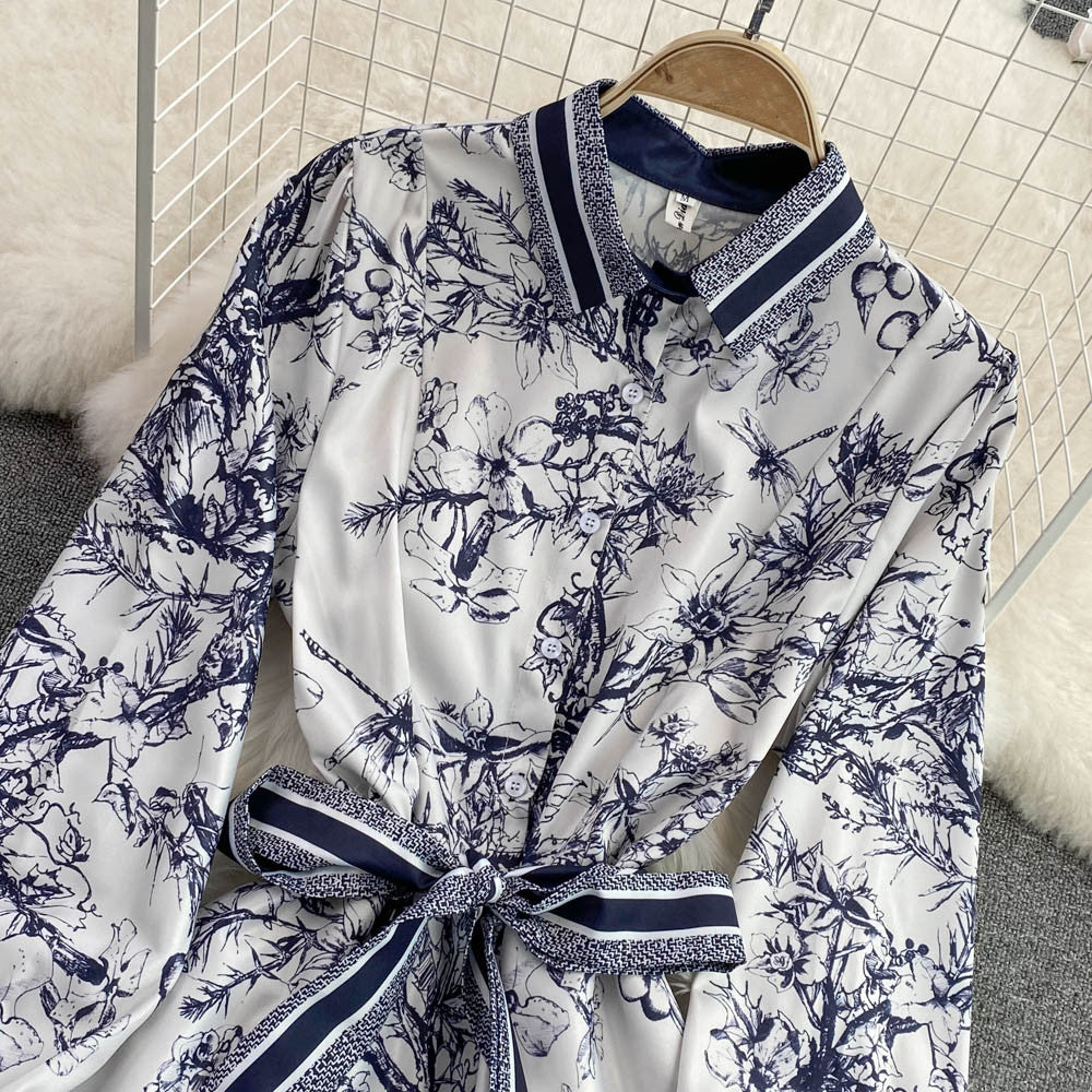 【Dress】長袖プリントシャツワンピース W14102