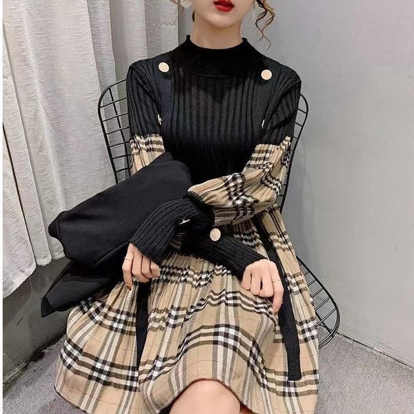 【Dress】長袖切り替えチェック柄ワンピース W13710