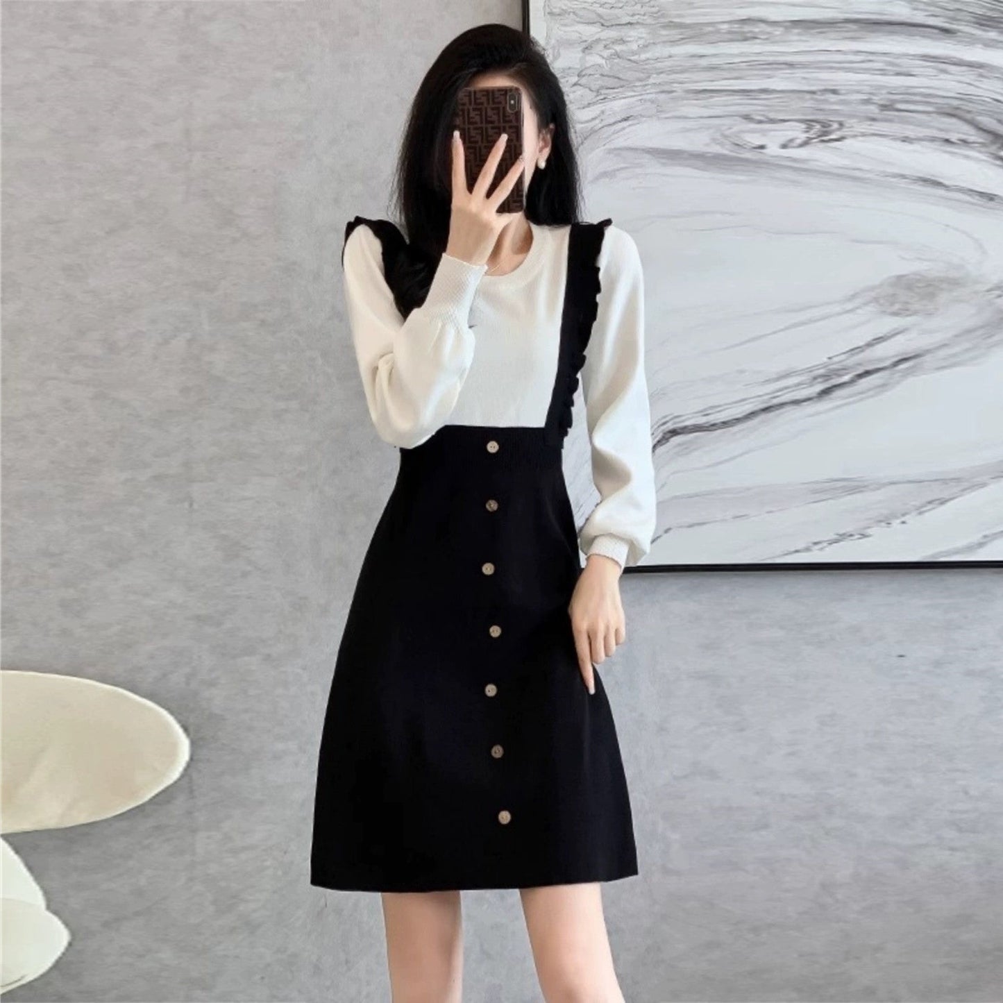 【Dress】フェイクレイヤードニットワンピース W9966