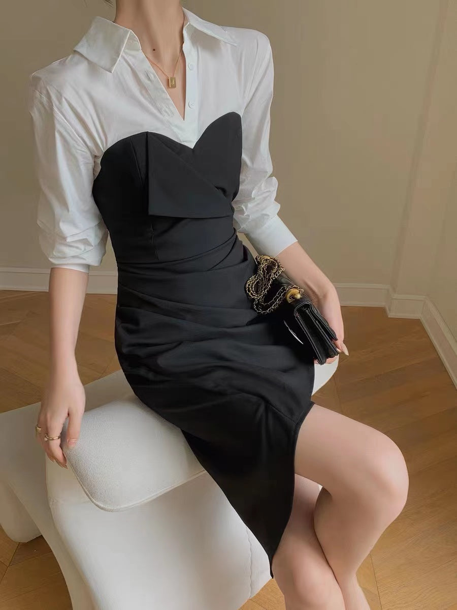 【Dress】イレギュラー長袖シャツワンピース W8085