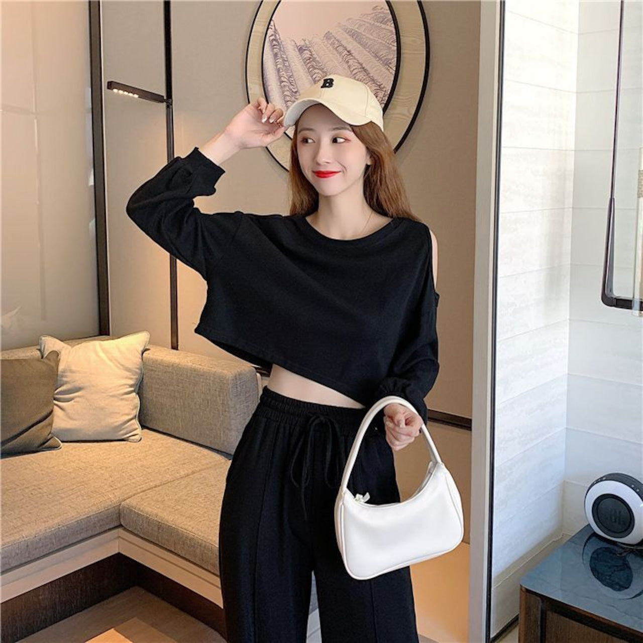 【Set】長袖Tシャツ+ワイドレッグパンツのセットアップ W13987