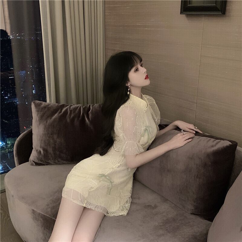 【dress】美人度アップ!韓国系レトロパフスリーブ刺繍スタンドネックチャイナドレススカート