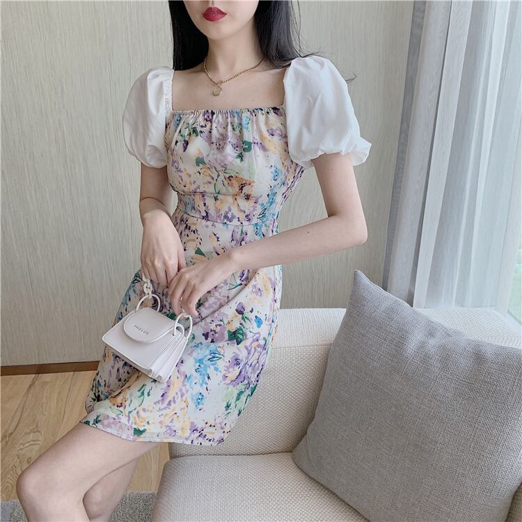 【dress】美人度アップ韓国系森ガール気質ボートネックパフスリーブ花柄スカート