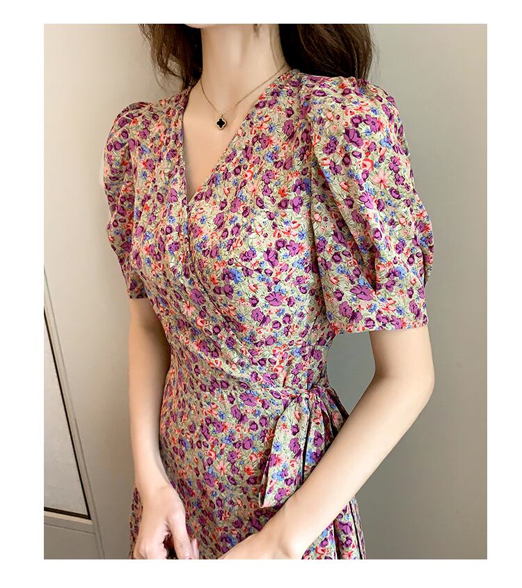 【dress】美人度アップ韓国系スウィート森ガール気質Vネック花柄シフォンスカート