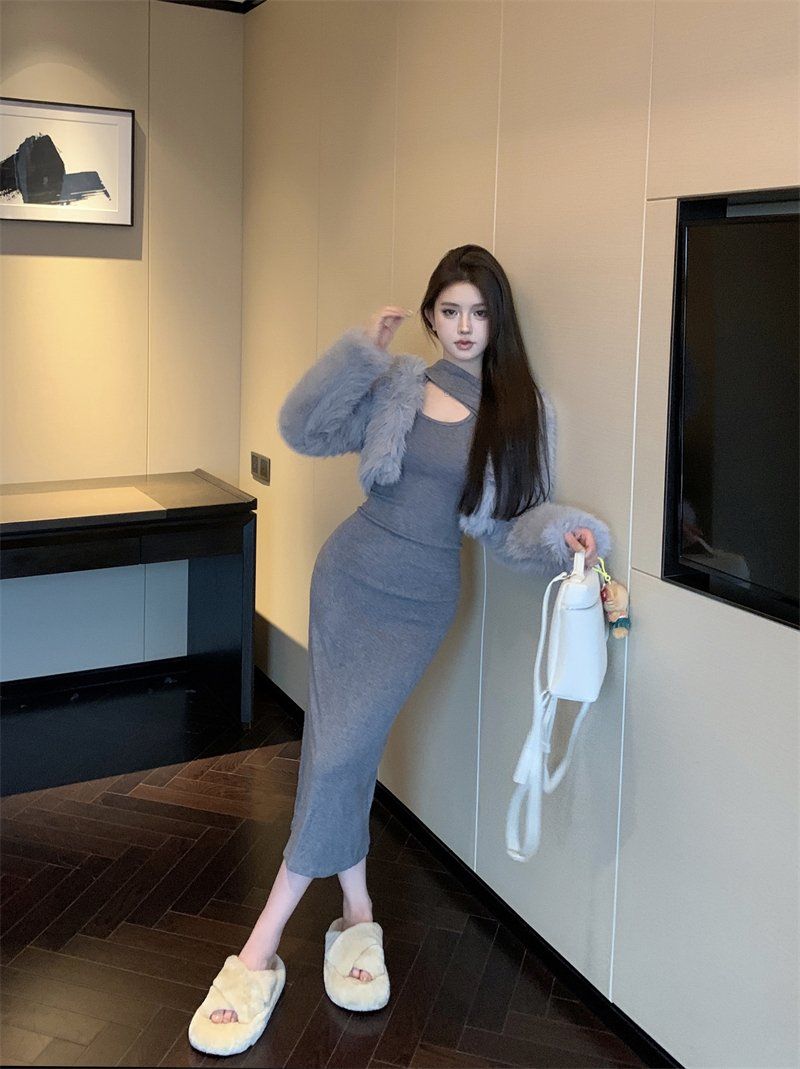 【Set】ファージャケット+ワンピース セット Z7923