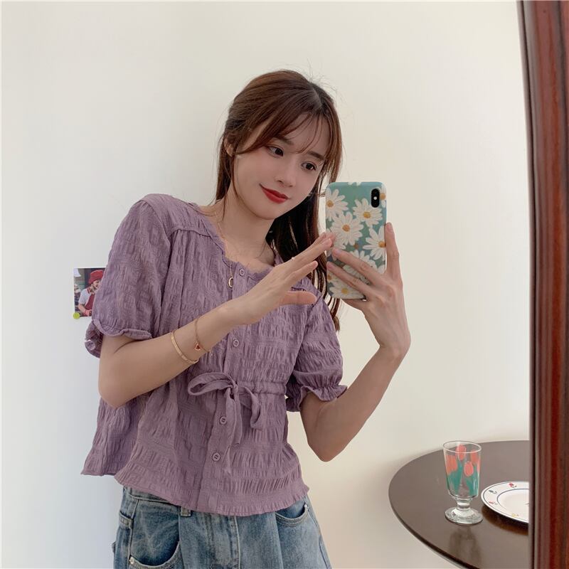 【tops】美人度アップ!韓国系スウィートルーズラウンドネックパフスリーブシャツ