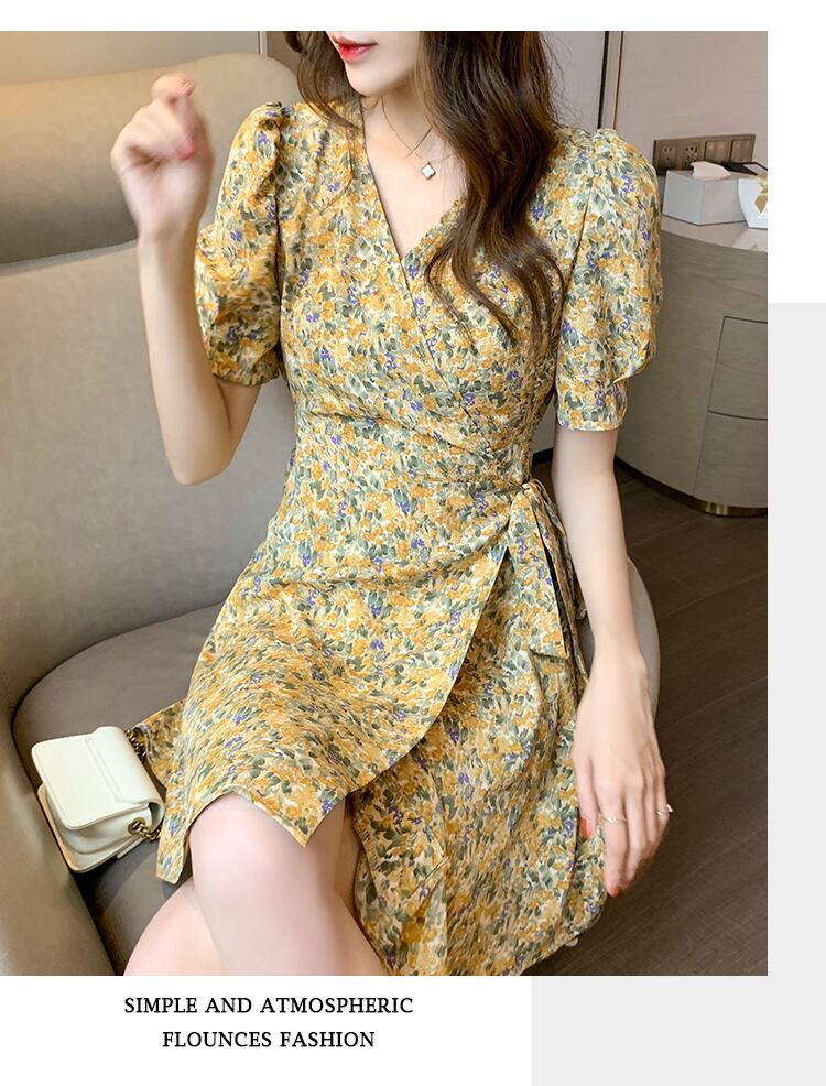 【dress】美人度アップ韓国系スウィート森ガール気質Vネック花柄シフォンスカート