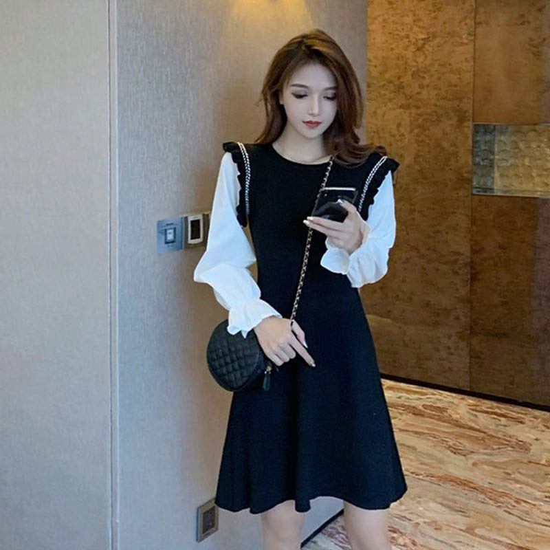 【dress】美人度アップ韓国系レトロ気質切り替えファッションAライン