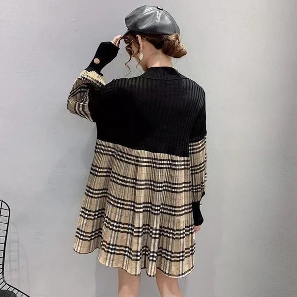 【Dress】長袖切り替えチェック柄ワンピース W13710