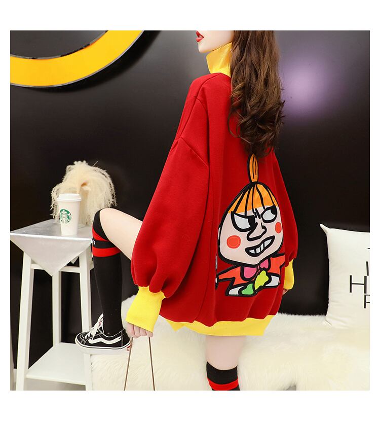 【tops】洋気ハイネックカートゥーンカラーマッチングパーカー3色