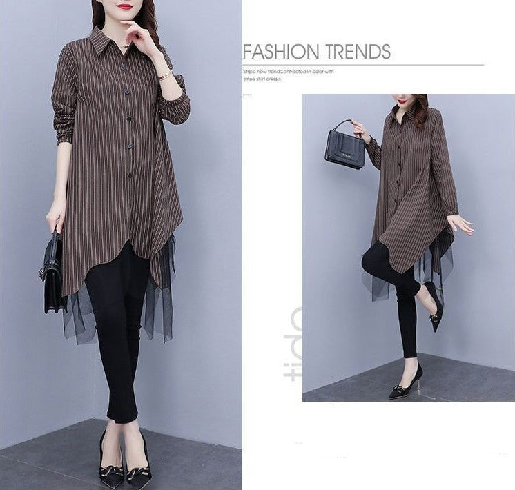 【Dress】新入荷~フェミニン長袖チュール切り替え体型カバーシャツワンピース大きいサイズ W-2877