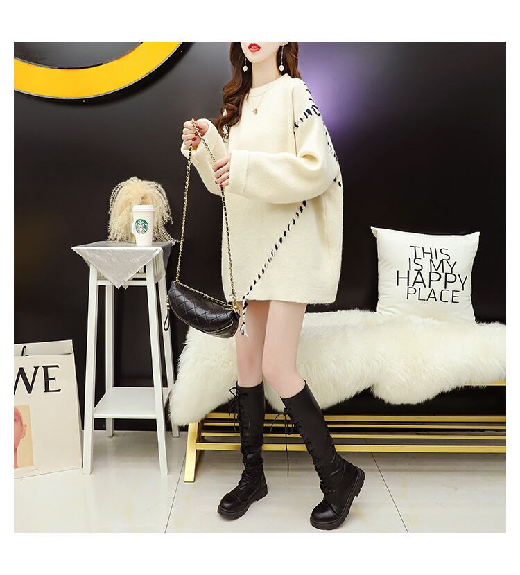 【tops】森ガール織りデザイン2色セーターラウンドネック