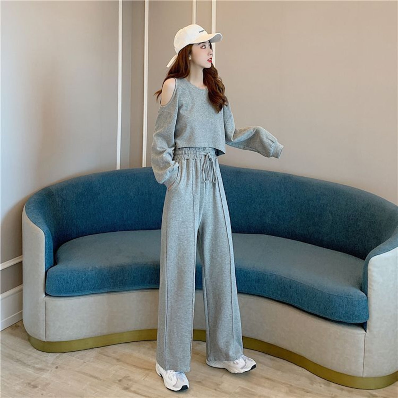 【Set】長袖Tシャツ+ワイドレッグパンツのセットアップ W13987