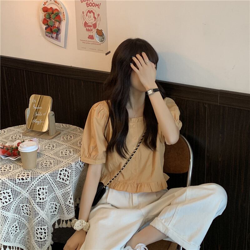 【tops】美人度アップ!韓国系レトロスウィートデザインスクエアネックシャツ