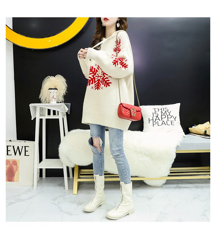 【tops】秋新作おすすめフード雪プリントセーター2色