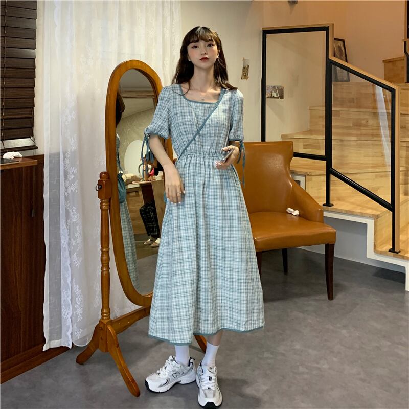 【dress】美人度アップ韓国系レトロ森ガールスクエアネック清新チェック柄スカート