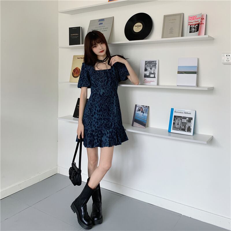 【dress】美人度アップ韓国系スウィート森ガールスクエアネックデニムワンピース