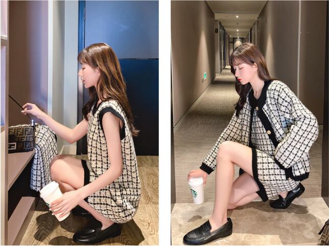 【set】エレガントワンピースニットカーディガン二点セット