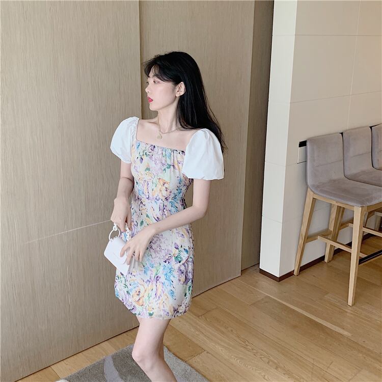 【dress】美人度アップ韓国系森ガール気質ボートネックパフスリーブ花柄スカート