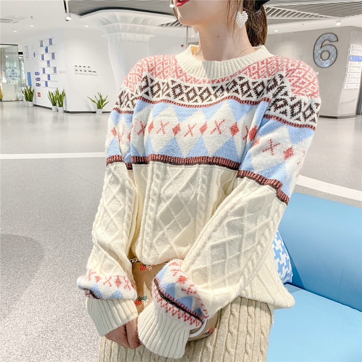 【tops】絶対流行エスニックレトロニットセーターゆったり2色