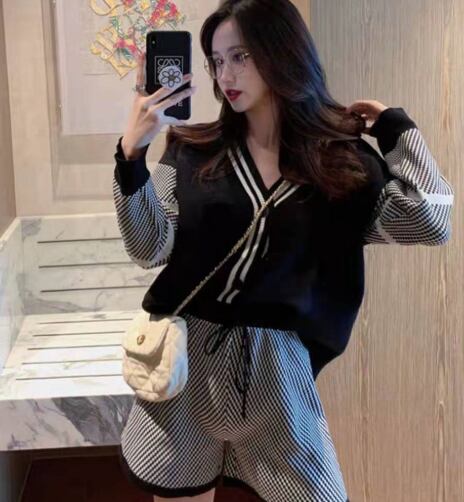 【set】大人可愛い!キャンパスショートパンツセーター2色2点セット