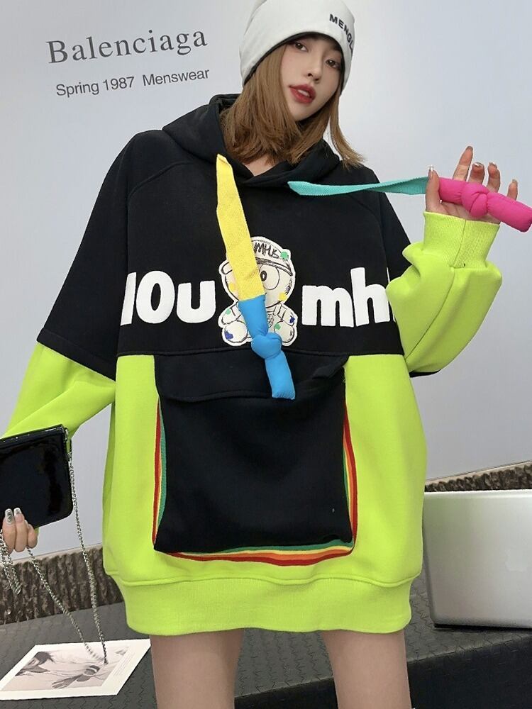 【tops】配色プリントフーディー T0145