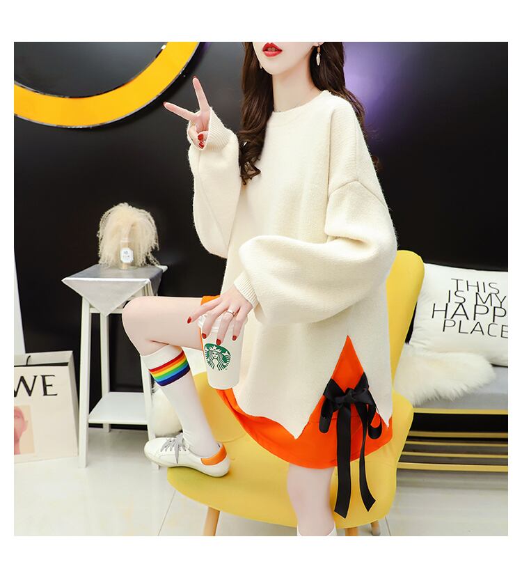 【tops】超人気ラウンドネック切り替えリボンセーターゆったり3色