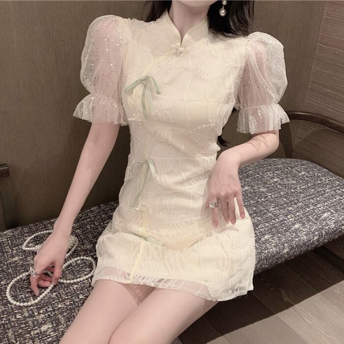 【dress】美人度アップ!韓国系レトロパフスリーブ刺繍スタンドネックチャイナドレススカート