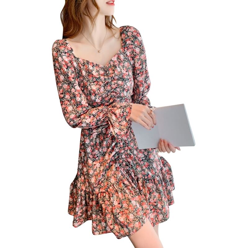 【dress】美人度アップレトロスウィートフリル気質スクエアネック花柄スカート