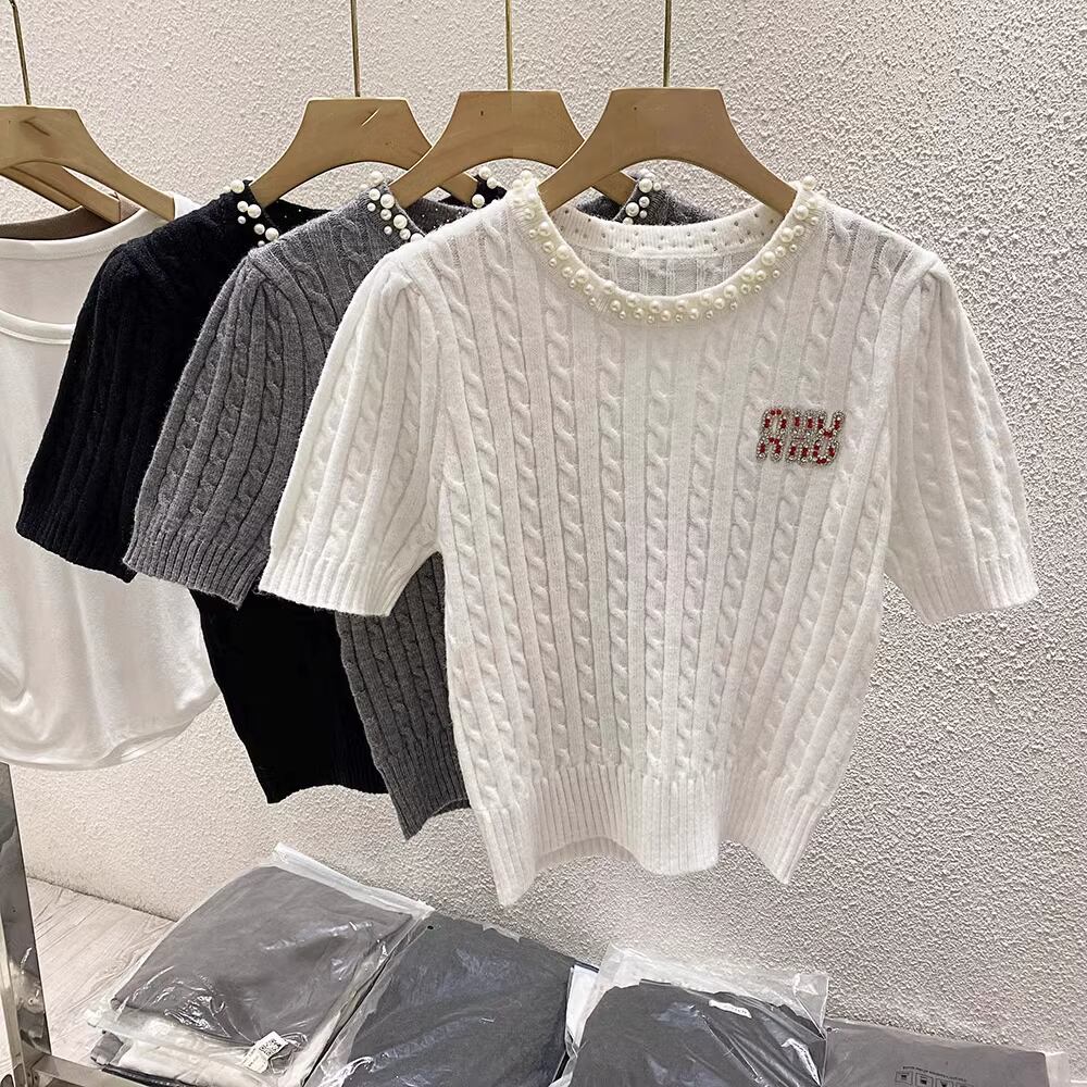 【tops】パール半袖ニットトップス M21885