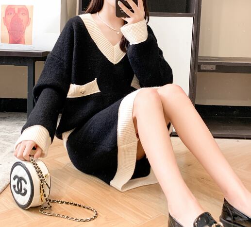 【set】韓国エレガントカシミヤプランジングネック2点セット