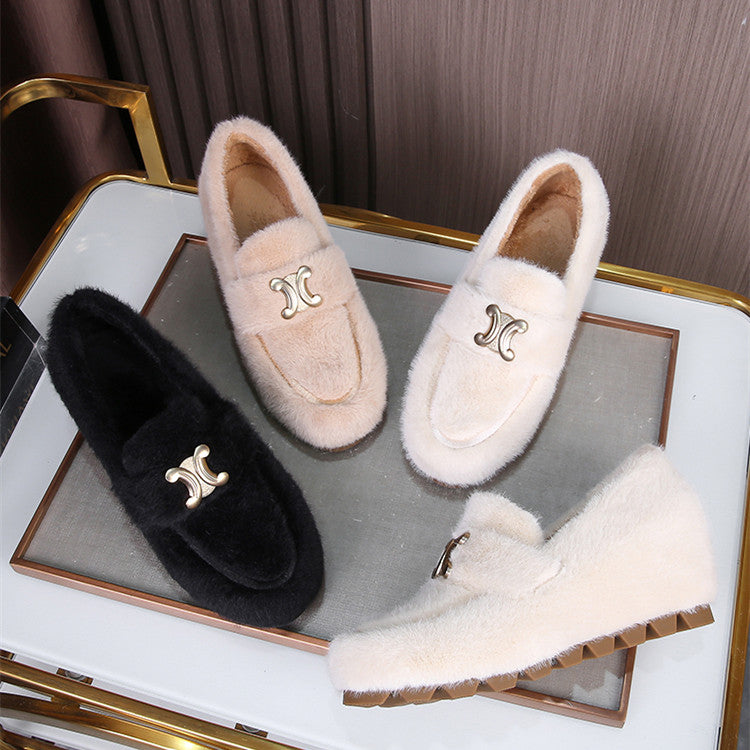 【Shoes】3色選択可ファーフラットシューズ W14716