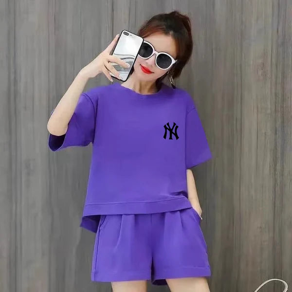 【Set】5色英字柄Tシャツ+ショートパンツ2点セット W12695